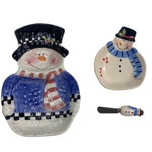 SNOWMAN Serving Bowl Dish Set, Large & Small, With Matching Snowman Spreader